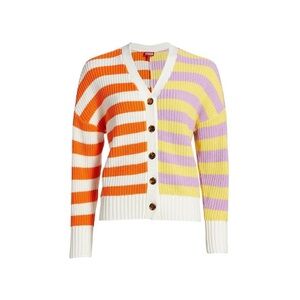 STAUD Essex Cotton V Neck Striped Knit Cardigan Sweater